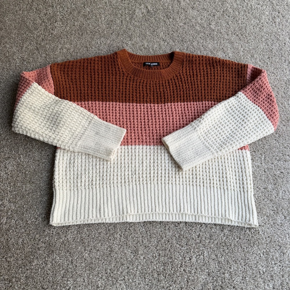Steve Madden Sweater Womens M Multicolor Colorblock Waffle Knit Crew Pullover